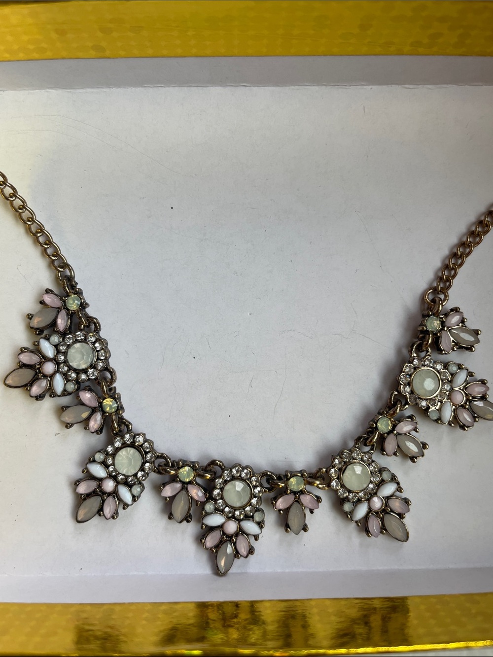 Statement Floral Bib Necklace in Soft Pink, Light Green, Gold, and White